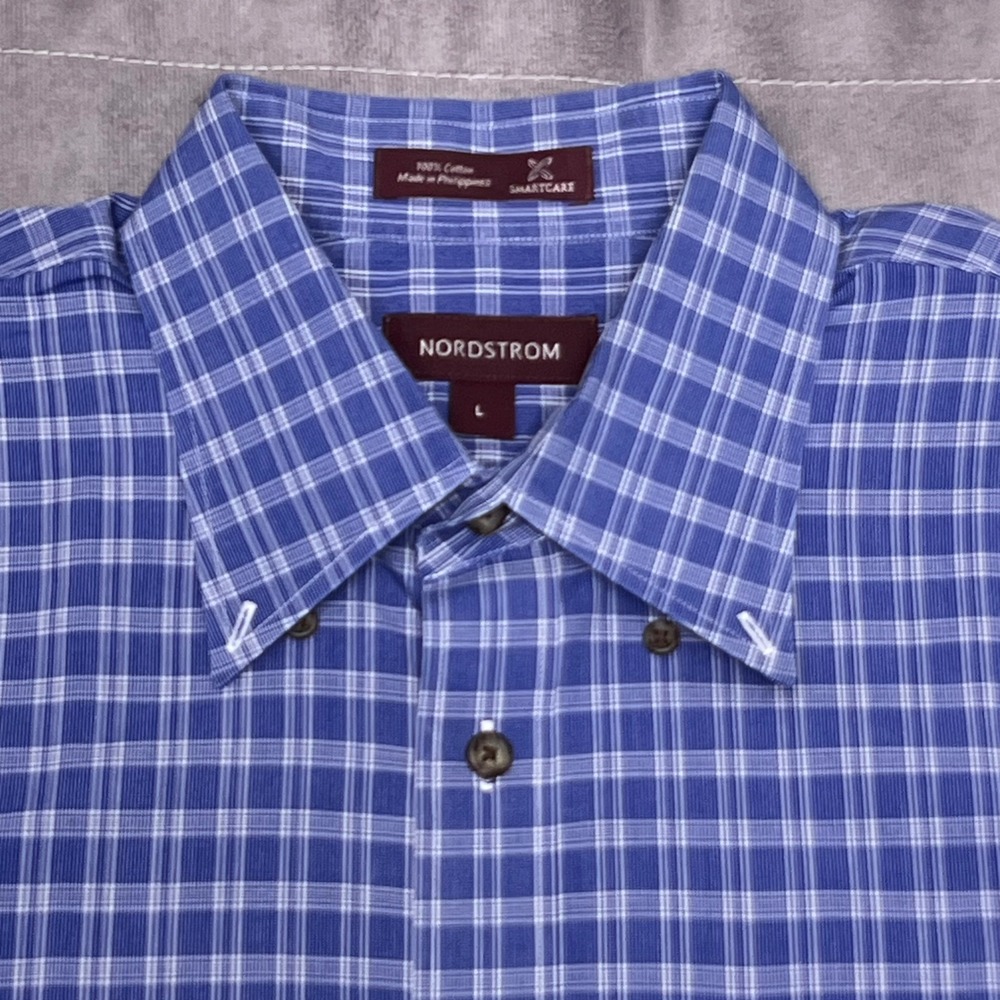 Nordstrom Button Down Shirt Large Blue Plaid Excellent Smartcare Long Sleeve